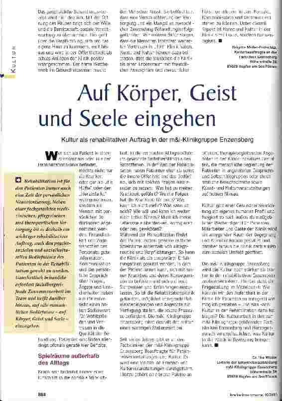 Vorschauseite 3: Nicht Luxus, sonder Notwendigkeit Kultur und Freizeit in der Fachklinik Enzensberg