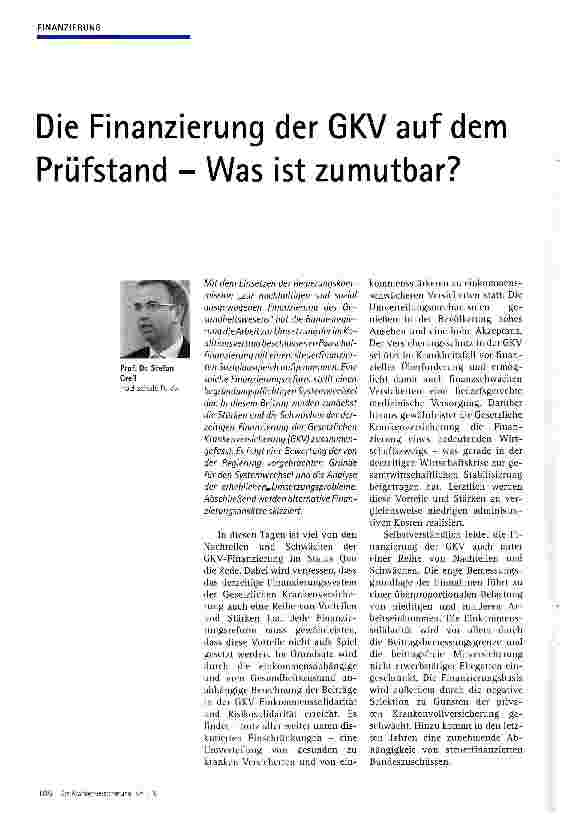 Vorschauseite 1: Die Finanzierung der GKV auf dem Prüfstand - Was ist zumutbar?