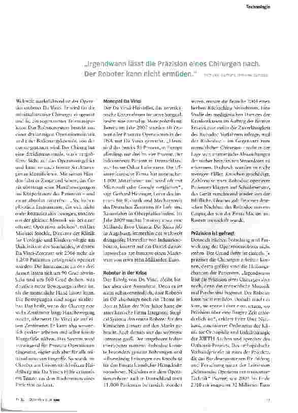 Vorschauseite 2: Die Arzt-Maschine im OP Roboter im OP sind längst Realität. Die deutsche Forschung hat sogar das Potenzial, dem amerikanischen Weltmarktführer in absehbarer Zukunft Paroli zu biet…