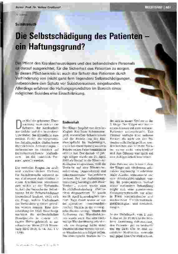 Vorschauseite 1: Die Selbstschädigung des Patienten ein Haftungsgrund?