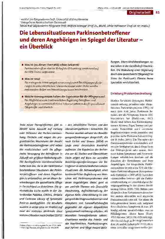 Vorschauseite 1: Die Lebenssituationen Parkinsonbetroffener und deren Angehörigen im Spiegel der Literatur -ein Überblick
