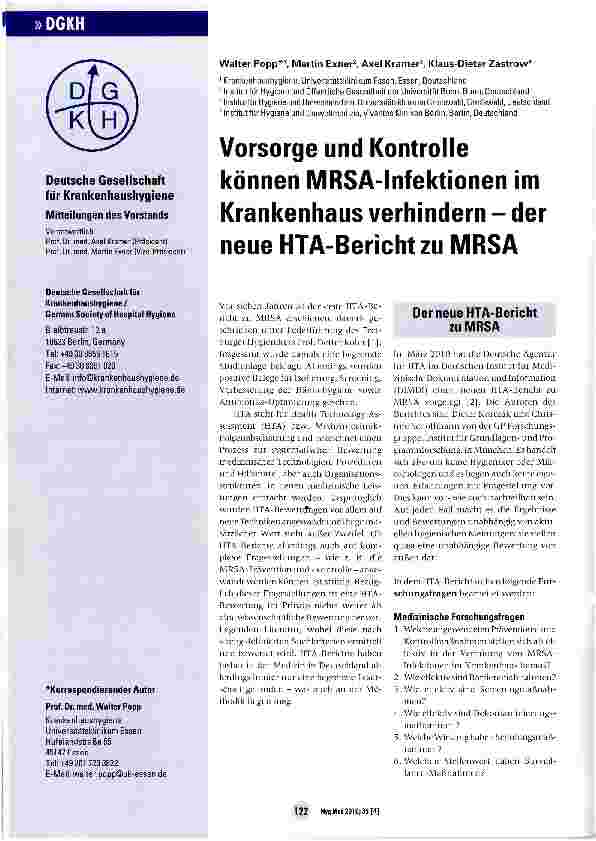 Vorschauseite 1: Vorsorge und Kontrolle können MRSA-Infektionen im Krankenhaus verhindern - der neue HTA-Bericht zu MRSA