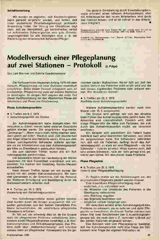 Vorschauseite 1: Modellversuch einer Pflegeplanung auf zwei Stationen Protokoll 2. Folge