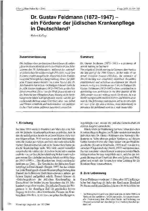 Vorschauseite 1: Dr. Gustav Feldmann (1872-1947) - ein Förderer der jüdischen Krankenpflege in Deutschland