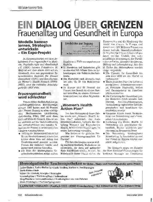 Vorschauseite 1: EIN DIALOG ÜBER GRENZENFrauenalltag und Gesundheit in Europa