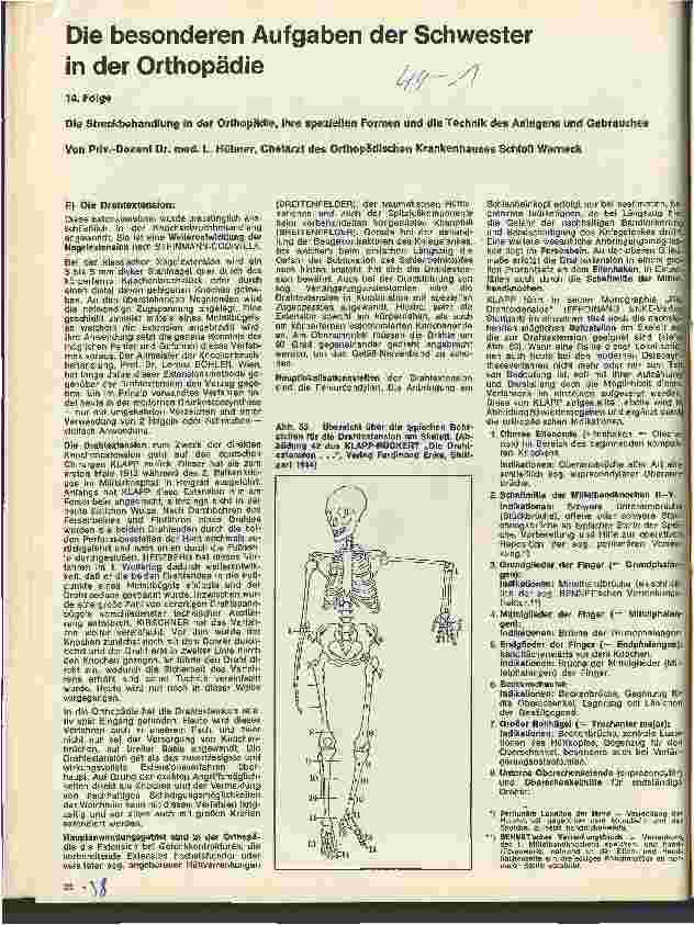 Vorschauseite 1: Die besonderen Aufgaben der Schwester in der Orthopädie 14. Folge: Die Streckbehandlung, ihre speziellen Formen u. Techniken