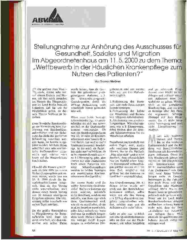 Vorschauseite 1: Stellungnahme zum Thema: Wettbewerb in der Häuslichen Krankenpflege zum Nutzen des Patienten?