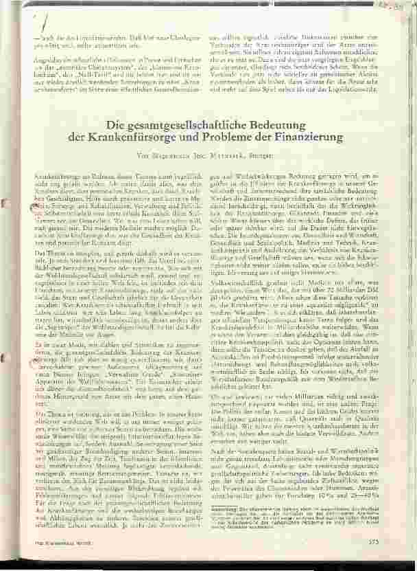 Vorschauseite 1: Die gesamtwirtschaftliche Bedeutung der Krankenfürsorge u. Probleme der Finanzierung
