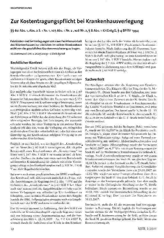 Vorschauseite 1: Zur Kostentragungspflicht bei Krankenhausverlegung
