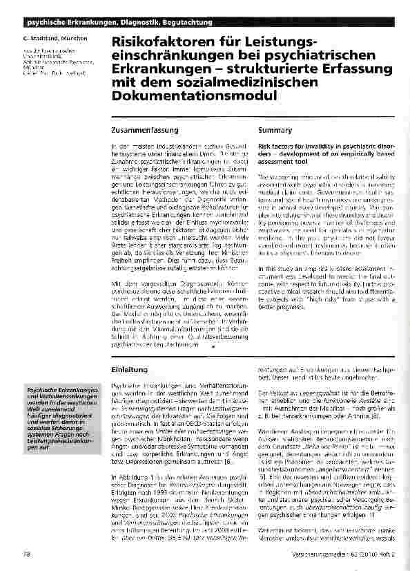 Vorschauseite 1: Risikofaktoren für Leistungseinschränkungen bei psychiatrischen Erkrankungen - strukturierte Erfassung mit dem sozialmedizinischen Dokumentationsmodul