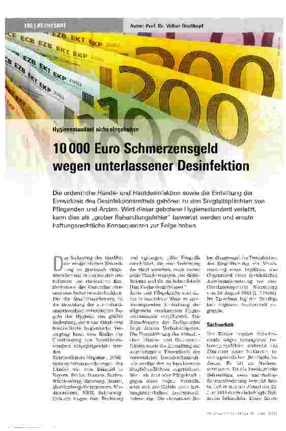 Vorschauseite 1: 10000 Euro Schmerzensgeld wegen unterlassener Desinfektion