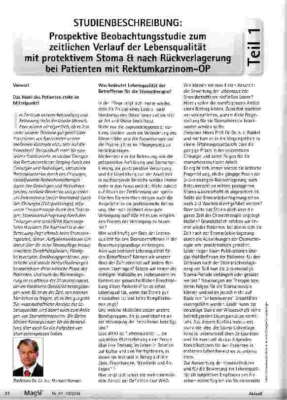 Vorschauseite 1: Prospektive Beobachtungsstudie zum zeitlichen Verlauf der Lebensqualität mit protektivem Stoma nach Rückverlagerungbei Patienten mit Rektumkarzinom-OP