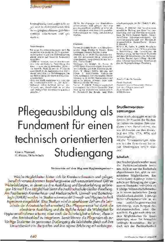 Vorschauseite 1: Pflegeausbildung als Fundament für einen technisch orientierten Studiengang -Meilenstein auf dem Weg zum Hygieneingenieur-