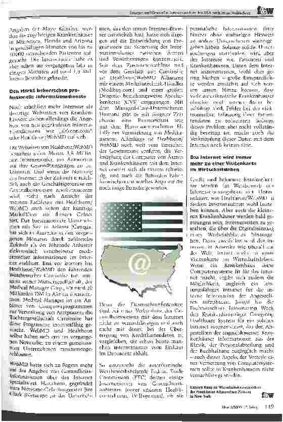 Vorschauseite 2: Internet und Gesundheitswesen auch in den USA noch keine Verbindung Möglichkeiten werden erkannt, aber von vielen Krankenhäusern noch nicht genutzt