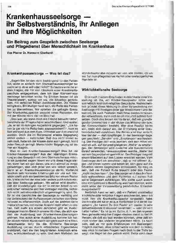 Vorschauseite 1: Krankenhausseelsorge - ihr Selbstverständnis, ihr Anliegen und ihre Möglichkeiten