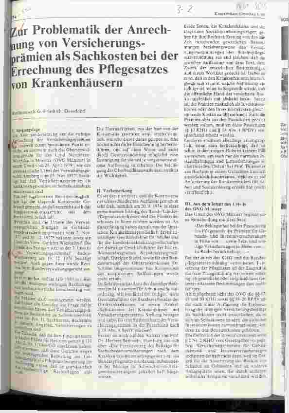 Vorschauseite 1: Zur Problematik der Anrechnung von Versicherungsprämien als Sachkosten bei der Errechnung des Pflegesatzes von Krankenhäusern