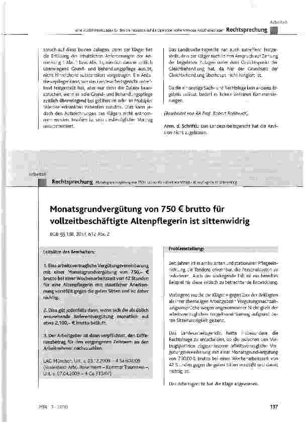 Vorschauseite 1: Monatsgrundvergütung von 750 € brutto für vollzeitbeschäftigte Altenpflegerin ist sittenwidrig