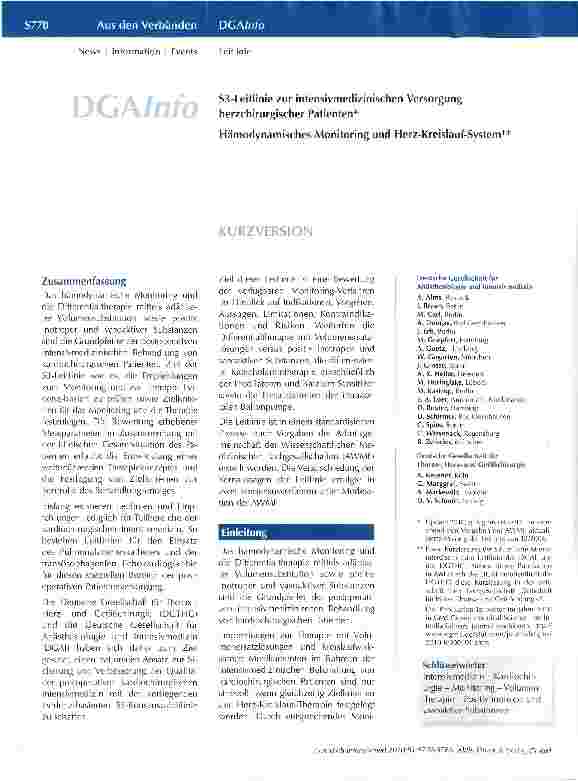 Vorschauseite 1: S3-Leitlinie zur intensivmedizinischen Versorgung herzchirurgischer Patienten