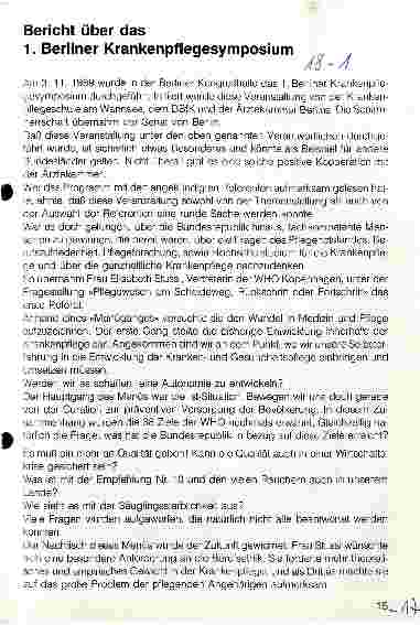 Vorschauseite 1: Bericht über das 1. Berliner Krankenpflegesymposium