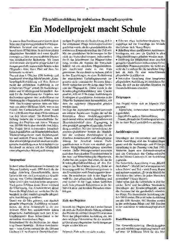 Vorschauseite 1: Ein Modellprojekt macht Schule Pflegehilfeausbildung im ambulanten Bezugspflegesystem