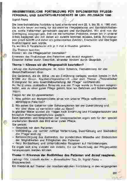 Vorschauseite 1: Innerbetriebliche Fortbildung für diplomiertes Pflegepersonal und Sanitätshilfsdienste im LKH. Feldbach 1980