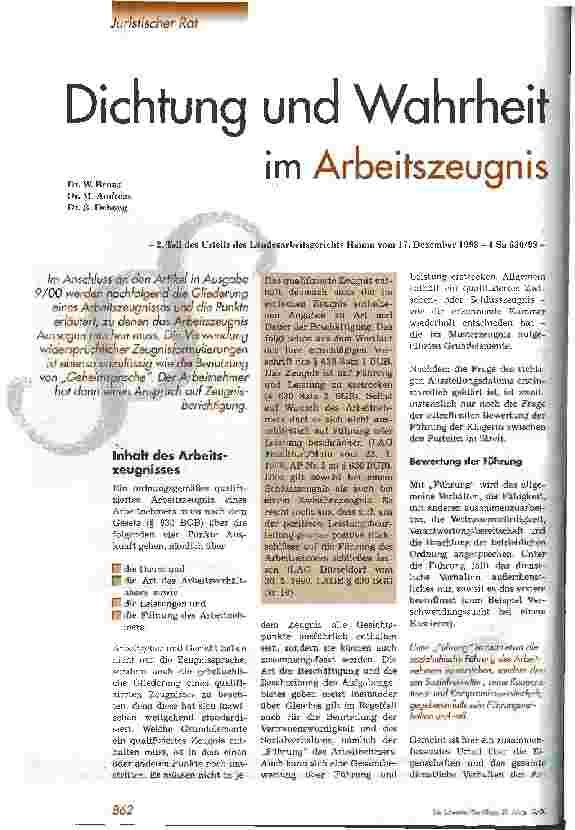 Vorschauseite 1: Dichtung und Wahrheit im Arbeitszeugnis 2. Teil des Urteils d LAG Hamm vom 17. Dez. 1998