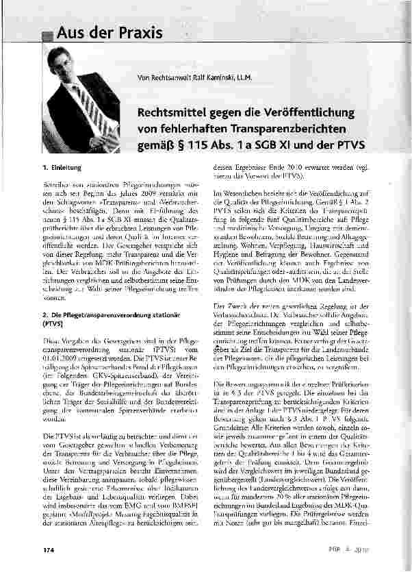 Vorschauseite 1: Rechtsmittel gegen die Veröffentlichung von fehlerhaften Transparenzberichten gemäß § 115 Abs. 1 a SGB XI und der PTVS