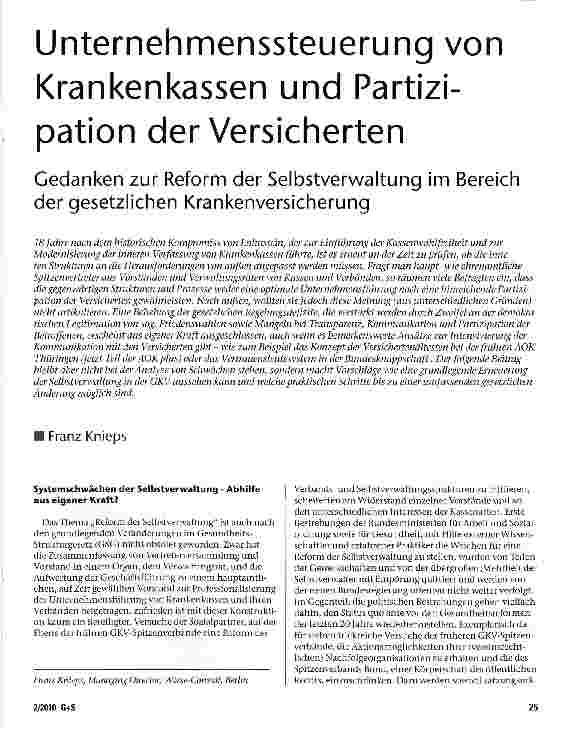Vorschauseite 1: Unternehmenssteuerung von Krankenkassen und Partizipation der Versicherten Gedanken zur Reform der Selbstverwaltung im Bereich der gesetzlichen Krankenversicherung