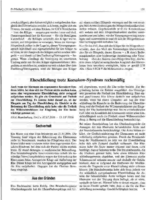 Vorschauseite 1: Eheschließung trotz Korsakow-Syndrom rechtmäßig