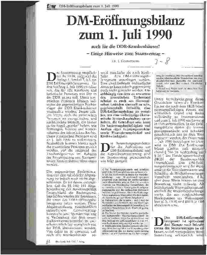 Vorschauseite 1: DM-Eröffnungsbilanz zum 1. Juli 1990 Auch für die DDR-Krankenhäuser? - Einige Hinweise zum Staatsvertrag