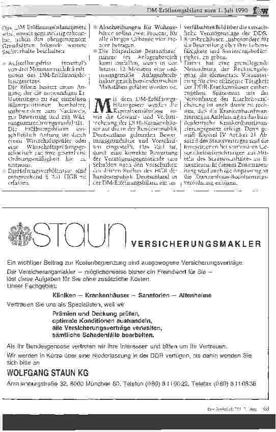 Vorschauseite 2: DM-Eröffnungsbilanz zum 1. Juli 1990 Auch für die DDR-Krankenhäuser? - Einige Hinweise zum Staatsvertrag