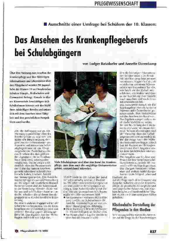 Vorschauseite 1: Das Ansehen des Krankenpflegeberufs bei Schulabgängern Ausschnitte einer Umfrage bei Schülern der 10. Klassen