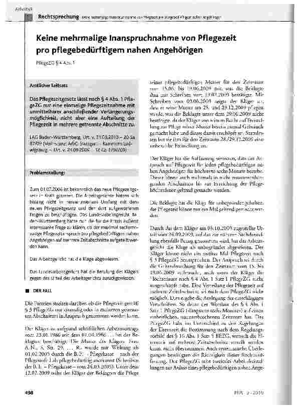 Vorschauseite 1: Keine mehrmalige Inanspruchnahme von Pflegezeit pro pflegebedürftigem nahen Angehörigen