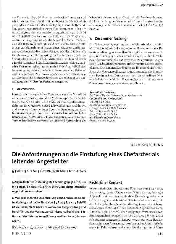 Vorschauseite 1: Die Anforderungen an die Einstufung eines Chefarztes als leitender Angestellter§ 5 Abs. 3 S. 2 Nr. 3 BetrVG, § 18 Abs. 1 Nr. 1 ArbZG