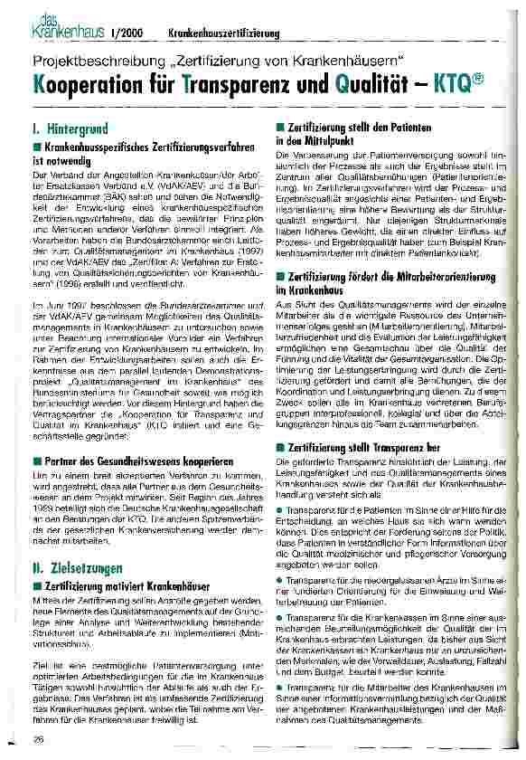 Vorschauseite 1: Kooperation für Transparenz und Qualität - KTQ Projektbeschreibung Zertifizierung von Krankenhäusern