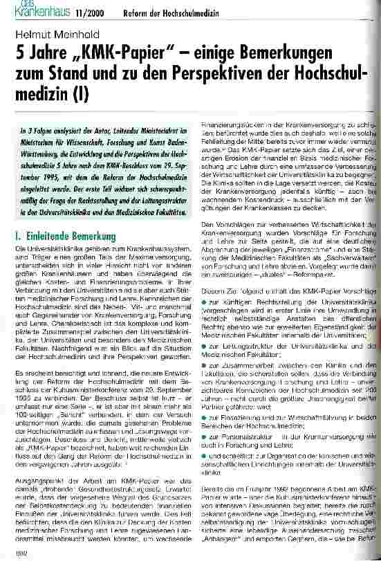 Vorschauseite 1: 5 Jahre KMK-Papier Einige Bemerkungen zum Stand und zu den Perspektiven der Hochschulmedizin (1)
