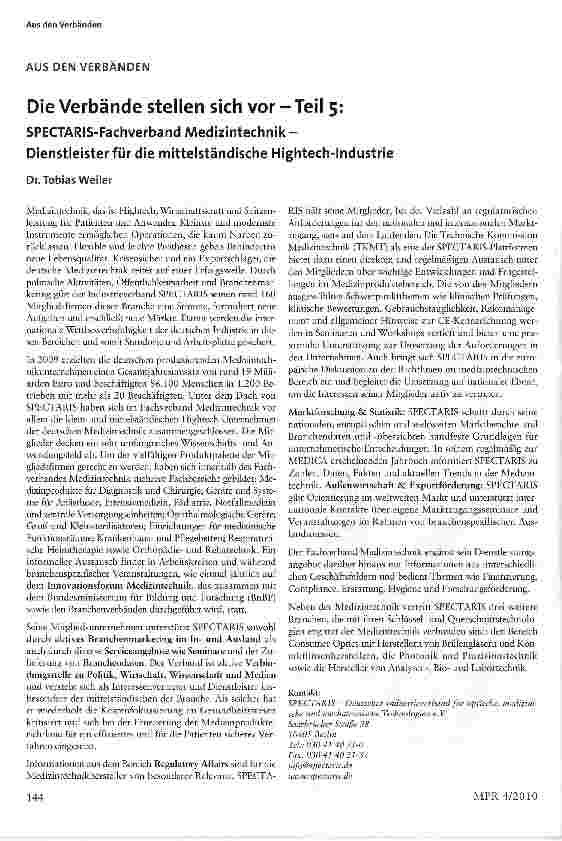 Vorschauseite 1: Die Verbände stellen sich vor-Teil 5: SPECTARIS-Fachverband Medizintechnik -Dienstleister für die mittelständische Hightech-Industrie