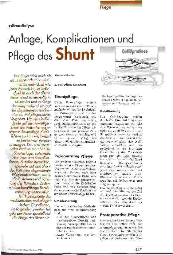 Vorschauseite 1: Anlage, Komplikationen und Pflege des Shunt 2. Teil: Pflege des Shunt