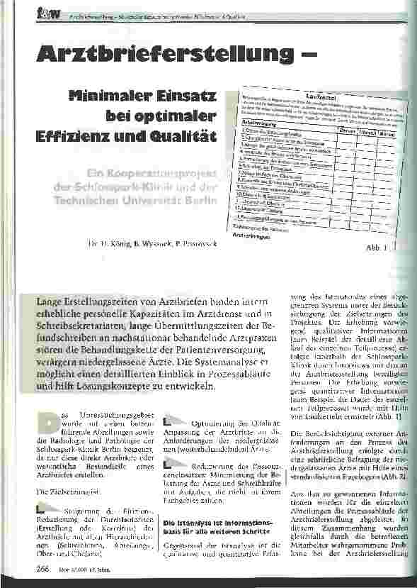 Vorschauseite 1: Arztbrieferstellung - minimaler Einsatz bei optimaler Effizienz und Qualität Ein Kooperationsprojekt der Schlosspark-Klinik und der Technischen Universität Berlin
