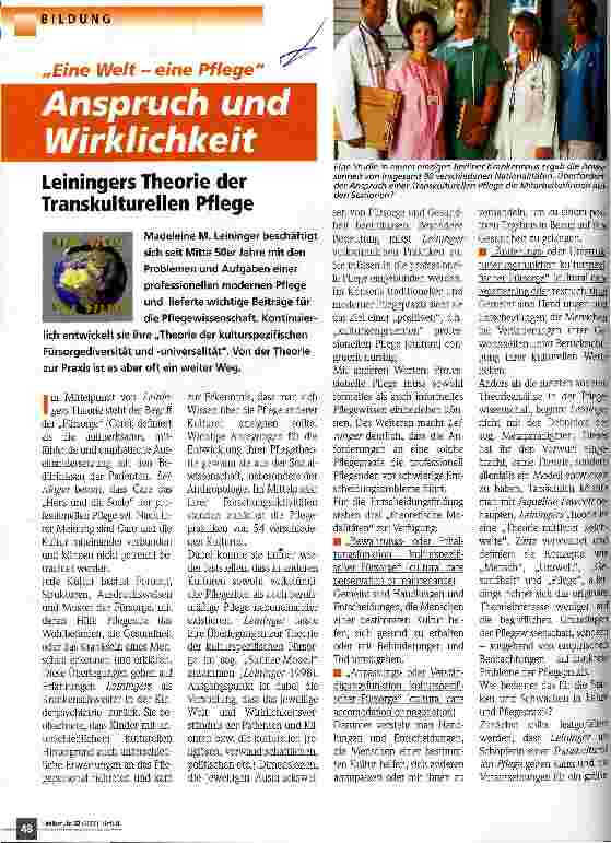 Vorschauseite 1: Eine Welt - eine Pflege Anspruch und Wirklichkeit Leiningers Theorie der Transkulturellen Pflege