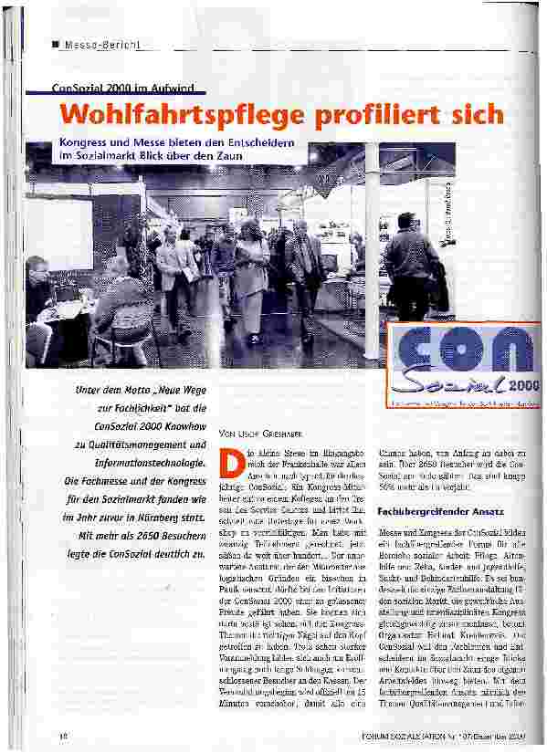 Vorschauseite 1: Wohlfahrtspflege profiliert sich Kongress und Messe bieten den Entscheidern im Sozialmarkt Blick über den Zaun