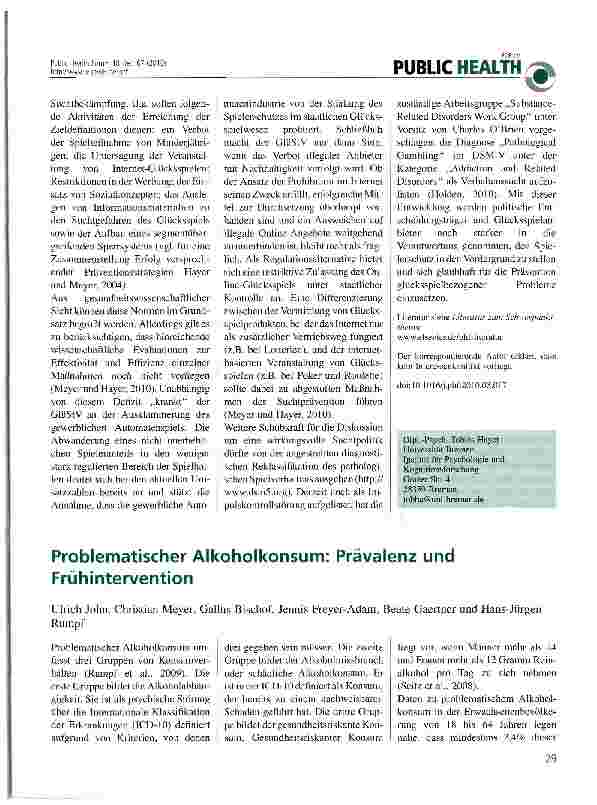 Vorschauseite 1: Problematischer Alkoholkonsum: Prävalenz und Frühintervention