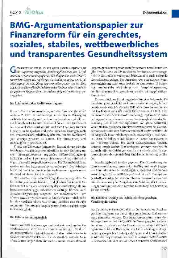 Vorschauseite 1: BMG-Argumentationspapier zur Finanzreform für ein gerechtes, soziales, stabiles, wettbewerbliches und transparentes Gesundheitssystem