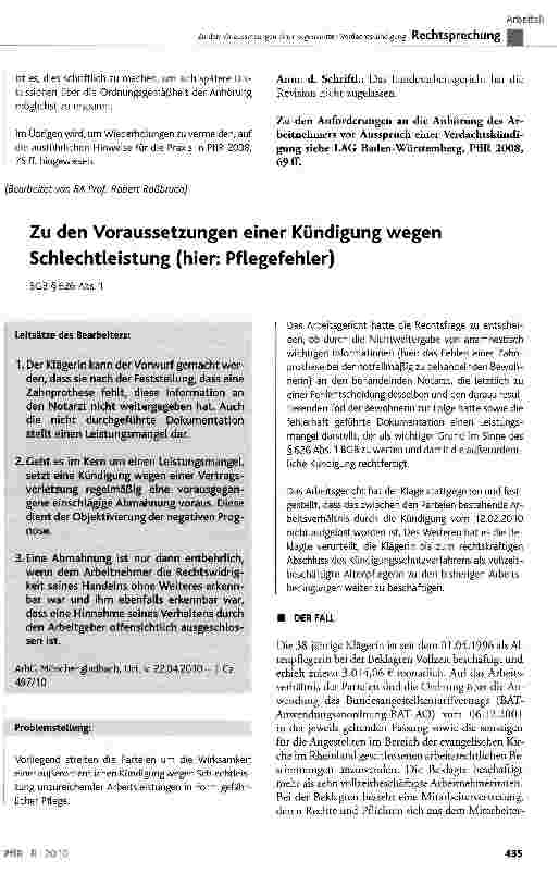 Vorschauseite 1: Zu den Voraussetzungen einer Kündigung wegen Schlechtleistung (hier: Pflegefehler)