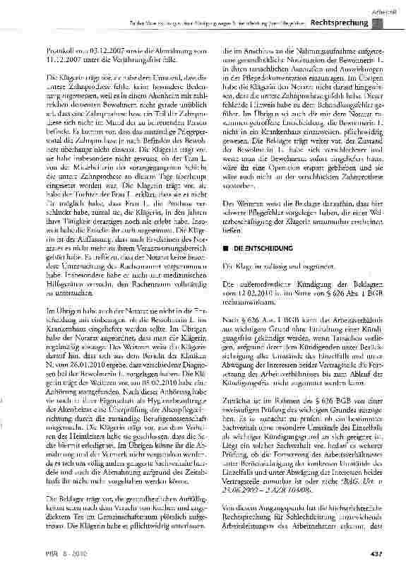 Vorschauseite 3: Zu den Voraussetzungen einer Kündigung wegen Schlechtleistung (hier: Pflegefehler)
