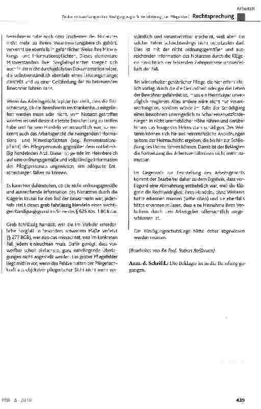 Vorschauseite 5: Zu den Voraussetzungen einer Kündigung wegen Schlechtleistung (hier: Pflegefehler)