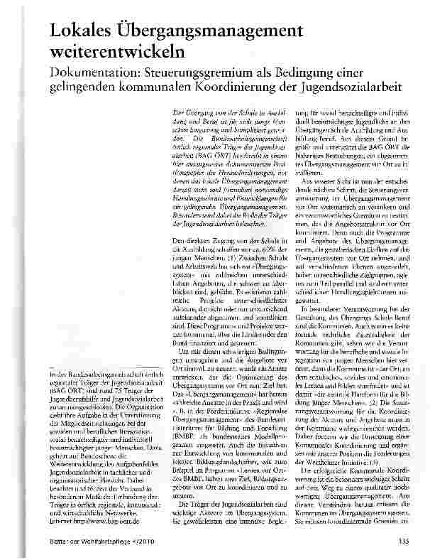 Vorschauseite 1: Lokales Übergangsmanagement weiterentwickeln Dokumentation: Steuerungsgremium als Bedingung einer gelingenden kommunalen Koordinierung der Jugendsozialarbeit