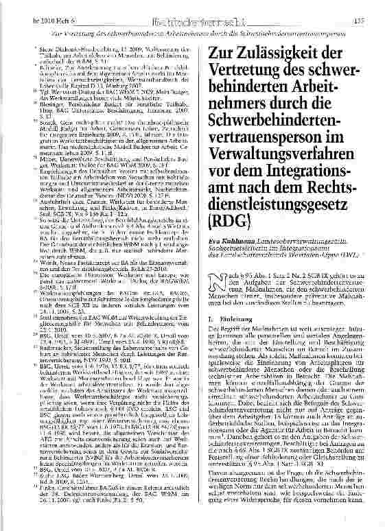 Vorschauseite 1: Zur Zulässiekeit der Vertretung des schwerbehinderten Arbeitnehmers durch (He Schwerbehindertenvertrauensperson im Verwaltungsverfahren vor dem Integrationsamt nach dem Rechtsdien…