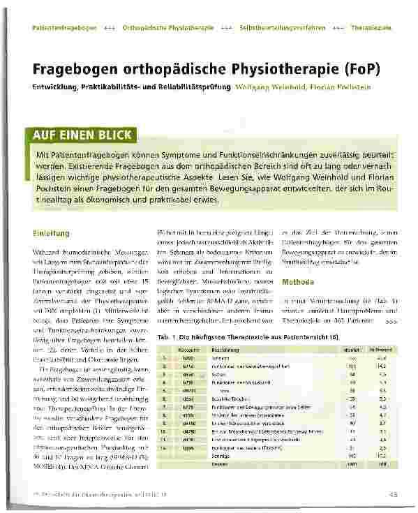 Vorschauseite 1: Fragebogen orthopädische Physiotherapie (FoP)