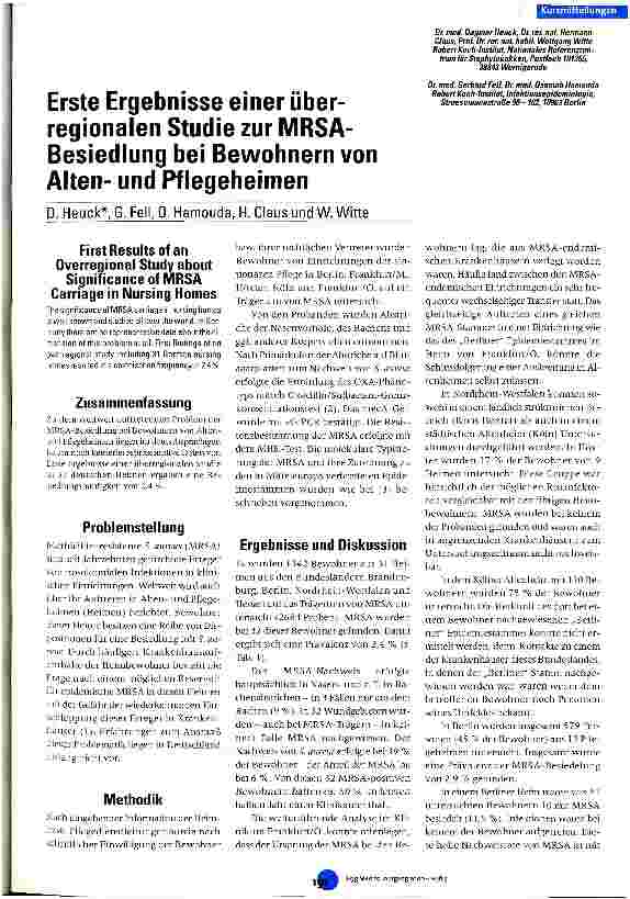 Vorschauseite 1: Erste Ergebnisse einer überregionalen Studie zur MRSA-Besiedlung bei Bewohnern von Altenund Pflegeheimen